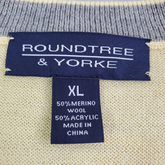 Roundtree York Sweater Men XL Yellow Knit Gray Blue Argyle Wool Blend Preppy Y2K - Picture 3 of 14